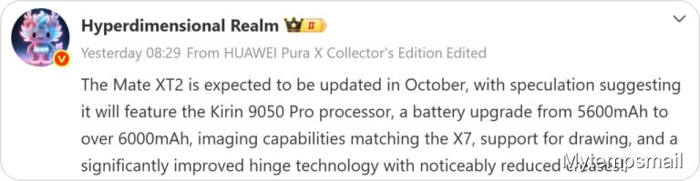 Huawei Readies Mate XT 2: Triple-Fold Phone With 6,000mAh Battery, Kirin 9050 Pro, and Steel Hinge